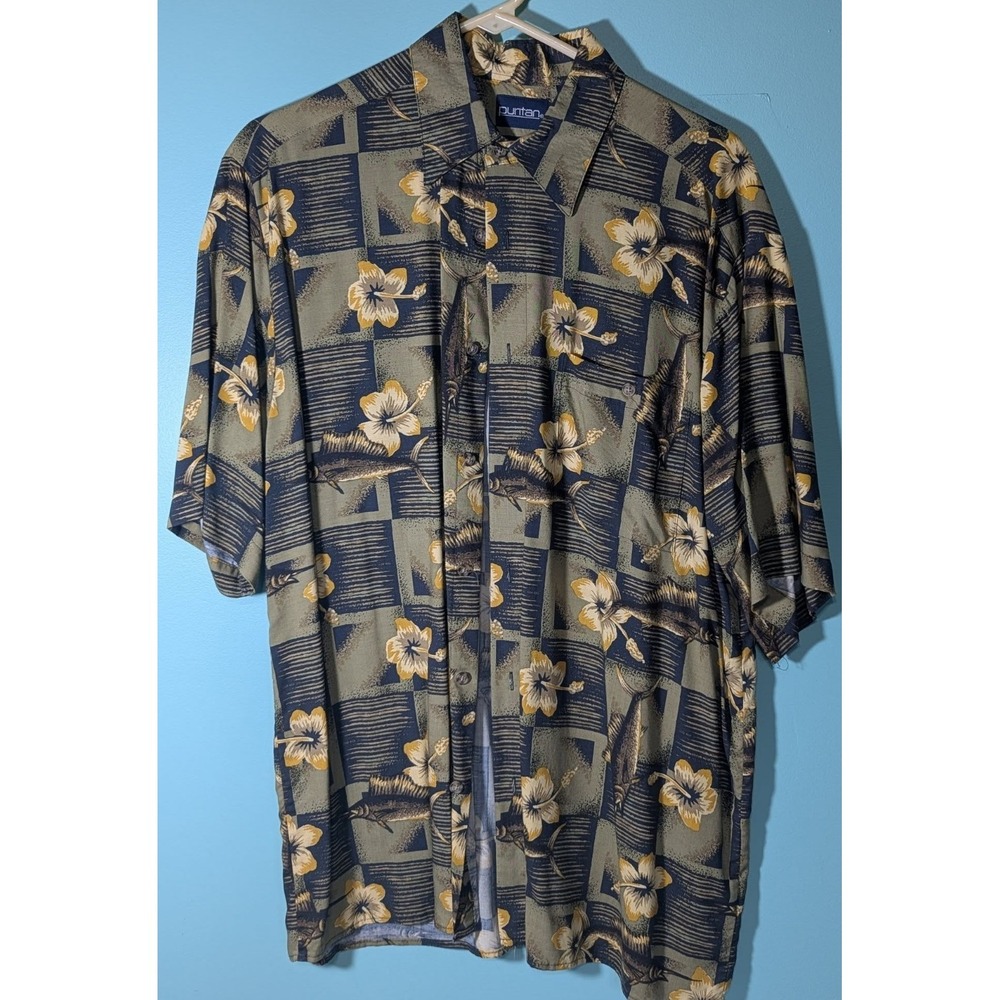 Fish And Floral Short Sleeve Button Up Shirt Black & Yellow Puritan 100% Rayon